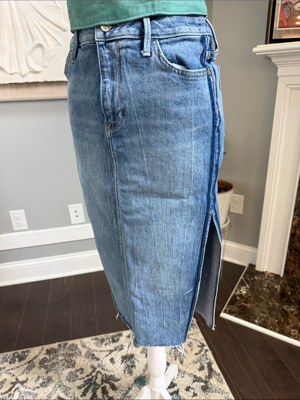 Sam Edelman The Maribelle Denim Midi Skirt Side Slit Raw Hem 27